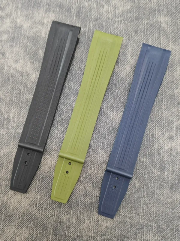 Three FKM rubber straps for Longines Conquest GMT in black, olive green and blue.