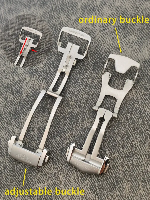Two metal buckle mechanisms side by side, labeled ordinary buckle and adjustable buckle, shown on textured fabric background, highlighting the comparison