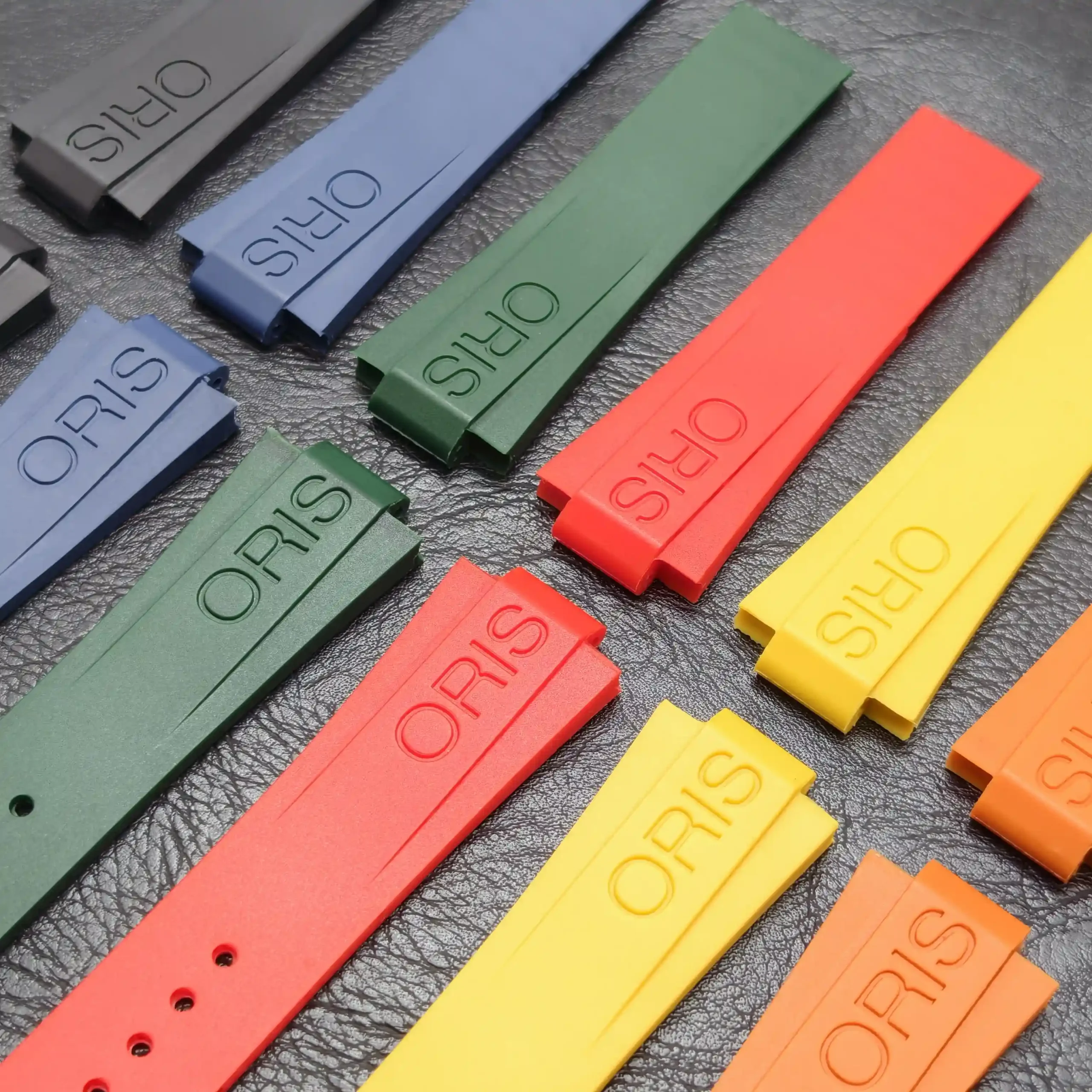 FKM rubber straps for Oris Aquis in blue, green, red, yellow and orange.
