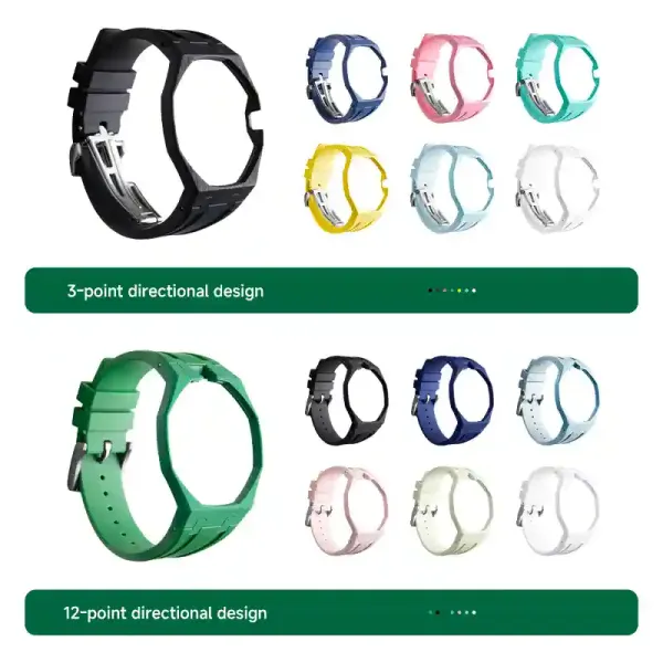 FKM rubber straps for the AP x Swatch Royal Pop conversion kit in blue, pink, teal, yellow, grey and white, shown in 3 o'clock and 12 o'clock fitting orientations.