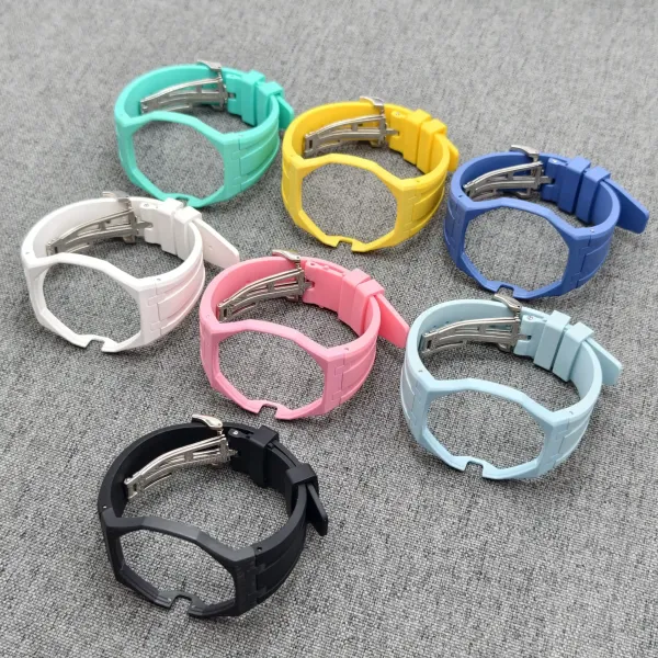 FKM rubber straps for the AP x Swatch Royal Pop conversion kit in turquoise, lime, pink, white, blue and black.