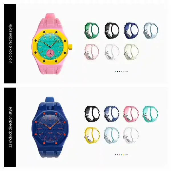 Two colorful watches with multiple strap color options; top row features a pink watch with turquoise face and yellow bezel (3 o'clock direction style), plus swatch colors to the right; bottom row features a blue watch with orange accents (12 o'clock direction style) and swatches.