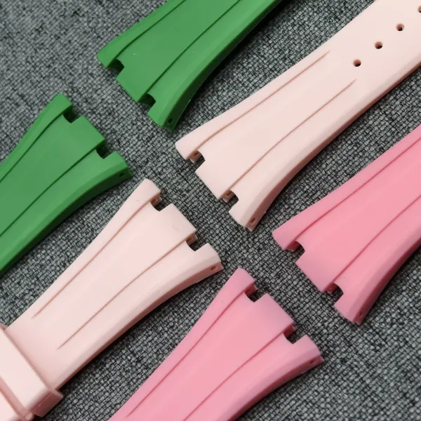 Green and pink FKM rubber strap links for the AP x Swatch Royal Pop conversion kit.