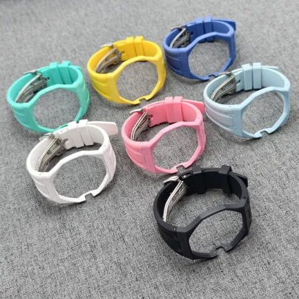 FKM rubber straps with metal clasps for the AP x Swatch Royal Pop conversion kit, arranged in a circle.